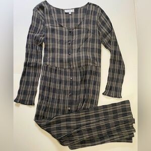 VENUS Black and Lt Grey Green Plaid Midi Dress